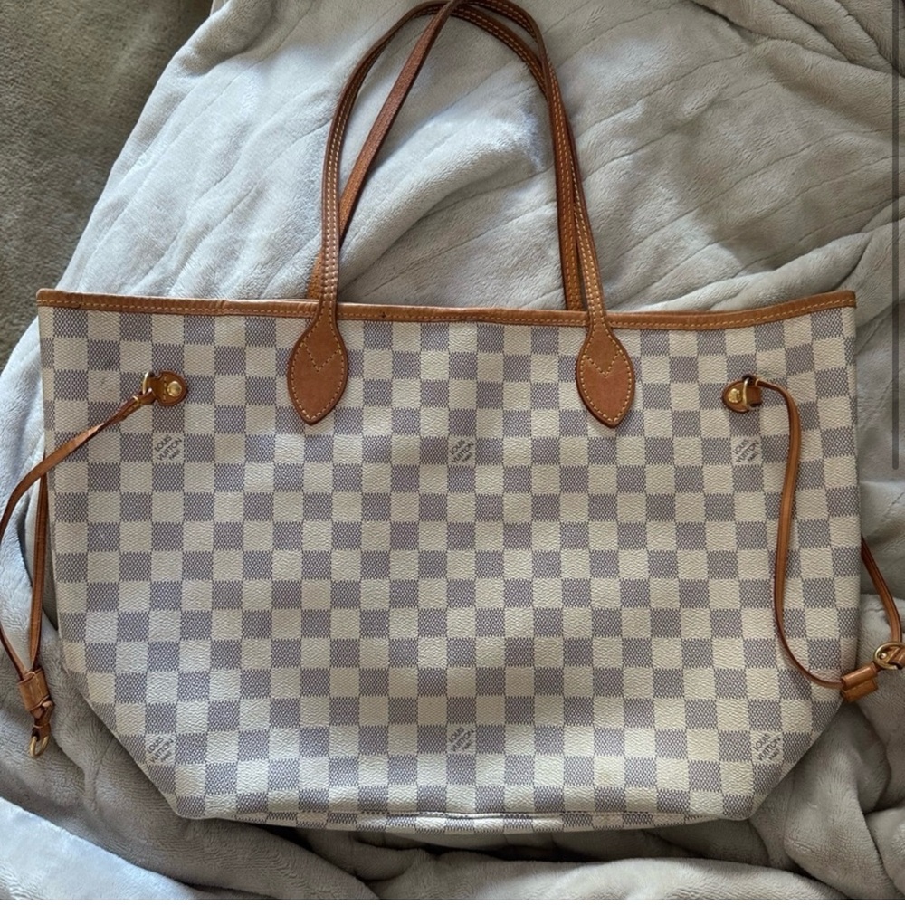 Louis Vuitton White and Tan Checkered Tote and Wallet